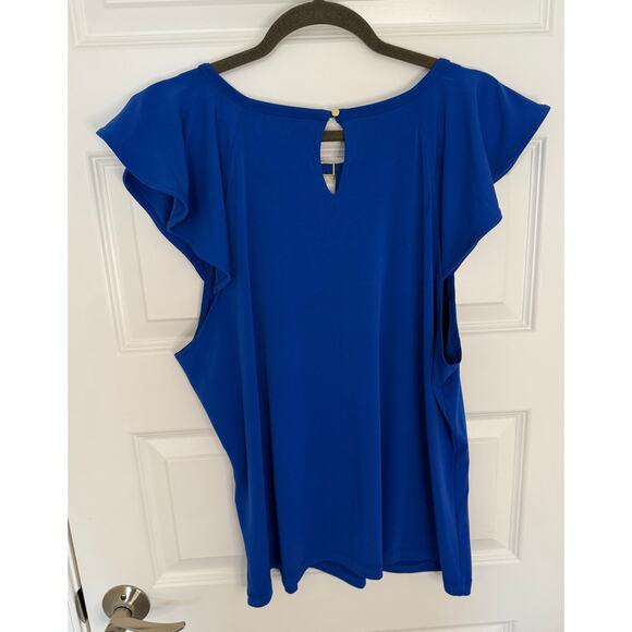 Liz Claiborne Royal Blue Flutter Sleeve Blouse Women’s XL Keyhole Gold Bar - Picture 2 of 6